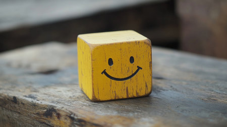 This vintage yellow wooden block featuring a smiley face rests on a rustic wooden surface, adding a cheerful touch to any creative project or design.の素材