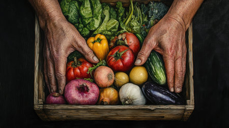 A captivating display of fresh, colorful vegetables held in hands over a rustic wooden box. The vibrant assortment includes tomatoes, cucumbers, and greens, highlighting healthy eating and farm-to-table concepts.の素材