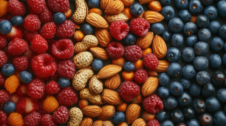 A vibrant display of fresh berries and assorted nuts showcases healthy snacking options. This colorful arrangement inspires nutritious eating habits with every bite.の素材