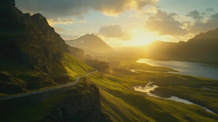 Experience the stunning beauty of a vibrant sunrise illuminating majestic mountains and a tranquil river in an Icelandic landscape, perfect for travel inspiration.の素材