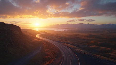 Experience the serene beauty of a winding road under a vibrant sunset, with majestic mountains in the distance and calm water reflecting the colorful sky.の素材
