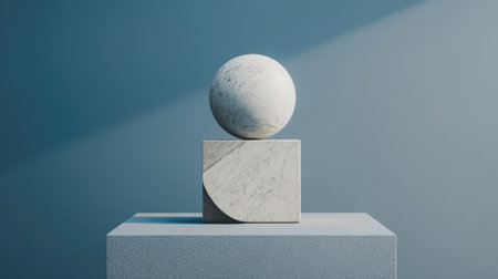 This abstract composition showcases a marble sphere resting on a geometric cube against a soft blue background, highlighting elegance and simplicity in design.の素材