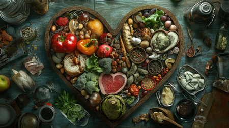 Heart-shaped display of vibrant vegetables and fruits on a rustic wooden table. Perfect for themes of health, love, culinary art, and fresh ingredients.の素材