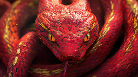 This breathtaking close-up image captures a majestic red snake, showcasing its intricate scales and fierce eyes, highlighting the beauty of wildlife.の素材