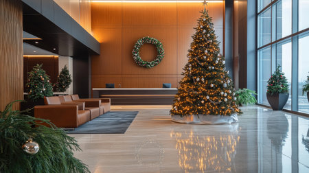 A modern office lobby beautifully decorated for Christmas, featuring a tall Christmas tree, green wreaths, and elegant furnishings, creating a warm and inviting atmosphere.の素材