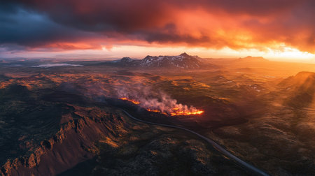 Witness the stunning contrast of a vibrant sunset illuminating a fiery volcanic eruption, with smoke rising over a rugged landscape of mountains.の素材