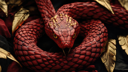 This stunning image features a richly detailed red snake coiled amidst elegant golden feathers, creating a striking visual contrast and dramatic ambiance.の素材