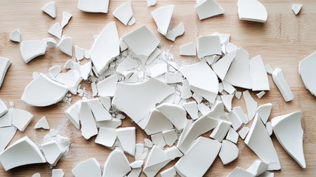 This image features shattered porcelain pieces scattered on a wooden surface, creating a chaotic yet artistic display. The sharp edges and earthy tones evoke a sense of fragility and beauty in destruction.の素材