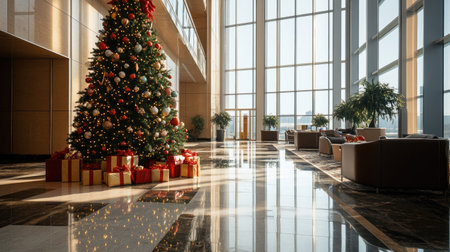 A beautifully decorated Christmas tree stands in a spacious modern lobby, illuminated by sunlight through large windows. The shiny marble floor reflects a festive atmosphere, enhanced by elegant seating and holiday gifts.の素材