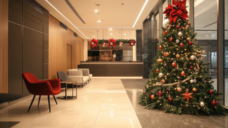 Festive lobby scene featuring a beautifully decorated Christmas tree and stylish furniture, creating a warm atmosphere perfect for holiday celebrations.の素材