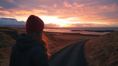 A woman dressed warmly stands on a winding road, admiring a breathtaking sunset over the Icelandic landscape. The scene evokes tranquility and wonder.の素材