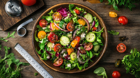 A beautiful and vibrant salad featuring fresh greens, juicy tomatoes, and crunchy cucumbers, perfect for healthy meals and gatherings.の素材