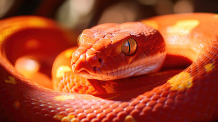 This stunning close-up features a vibrant orange snake with intricate scale patterns and captivating eyes, showcasing the beauty of wildlife in its natural habitat.の素材