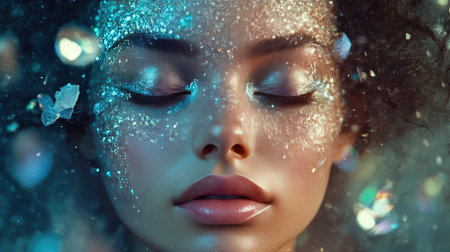 A captivating close-up portrait showcasing a young woman adorned with shimmering glitter and a sparkling background, evoking beauty and creativity.の素材