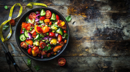A vibrant salad featuring fresh vegetables in a bowl set on a rustic wooden table, complemented by measuring tape, symbolizing healthy eating and nutrition.の素材