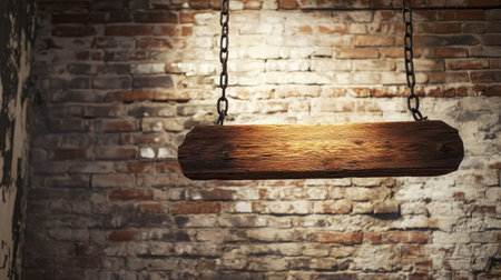 A rustic wooden beam suspended from chains against a weathered brick wall, illuminated by warm light, creating a cozy and inviting atmosphere perfect for decor.の素材