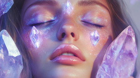 A captivating portrait showcasing serene beauty, adorned with sparkling crystals and glowing skin, designed to evoke a dreamy and ethereal ambiance.の素材
