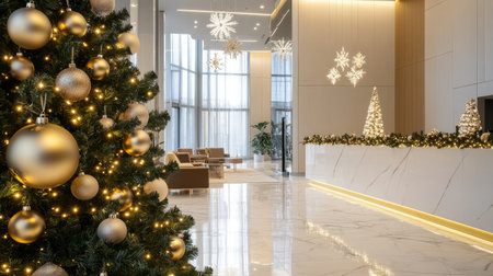 A sophisticated hotel lobby adorned with a beautifully decorated Christmas tree, festive lights, and elegant ornaments, creating a warm holiday atmosphere.の素材
