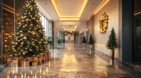 Experience the warmth of the holiday season with this elegantly decorated corridor featuring a stunning Christmas tree, soft lighting, and luxurious decor.の素材