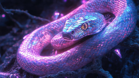 This captivating image features a stunning iridescent snake coiled within vibrant neon flora, set in a dreamlike forest environment that evokes a sense of magic and wonder.の素材