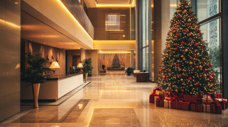 This elegant hotel lobby showcases a beautifully decorated Christmas tree, abundant with lights and ornaments. The warm ambiance invites guests to celebrate the holiday season in style.の素材