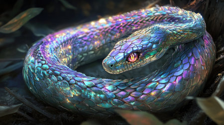 This stunning image features a beautifully colored snake with iridescent scales, perfect for fantasy themes, nature illustrations, and wildlife concepts.の素材
