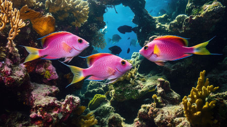 A stunning underwater scene featuring vibrant pink fish swimming gracefully among colorful coral. The clear blue ocean water highlights diverse marine life and coral formations.の素材
