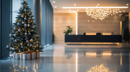 A beautifully decorated Christmas tree stands in a modern lobby, blended perfectly with luxury dの素材