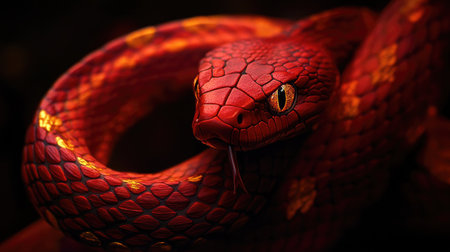 This stunning close-up image captures a vivid red snake with striking yellow eyes, showcasing intricate scale details against a dark background. The creature's tongue flicks out, emphasizing its predatory nature and vibrant colors, making it an engaging subject for wildlife enthusiasts and photographers alike.の素材