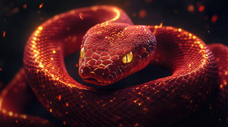 A captivating close-up of a vibrant red serpent with glowing eyes, showcasing detailed scales and fiery textures, set against a dark background.の素材