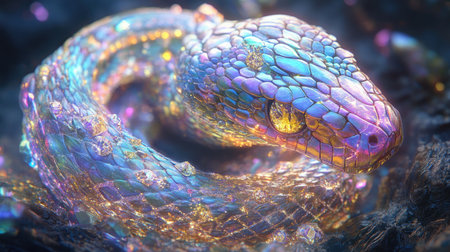 A mesmerizing serpent featuring colorful crystal-like scales that reflect light in a surreal and vibrant manner, set against a dark and mysterious background.の素材