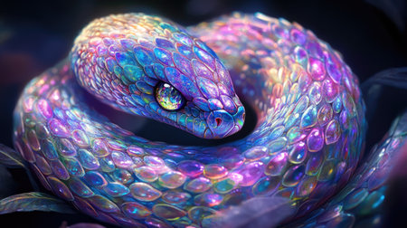This captivating image features a vibrant, iridescent snake coiled elegantly among lush leaves, displaying its stunning, colorful scales in a mystical environment.の素材