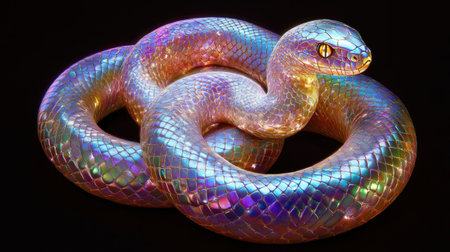 An iridescent snake displaying a mesmerizing blend of colors and textures, coiled elegantly against a dark backdrop, showcasing its unique reflective scales.の素材