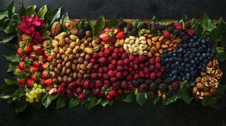 A stunning display of fresh fruits and nuts featuring vibrant berries, various nuts, and colorful flowers, perfect for healthy living and culinary creativity.の素材