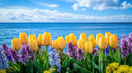 A stunning display of yellow tulips and purple hyacinths set against a calm blue ocean under a bright sky, capturing the essence of spring and tranquility.の素材