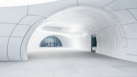 A captivating interior showcasing modern architecture with smooth curves and minimalist aesthetics in a bright, spacious gallery. The design emphasizes light and openness.の素材