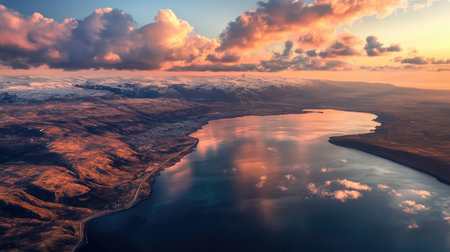 Stunning aerial view of a tranquil lake framed by majestic mountains and vibrant clouds at sunset, showcasing the beauty of nature and reflection.の素材