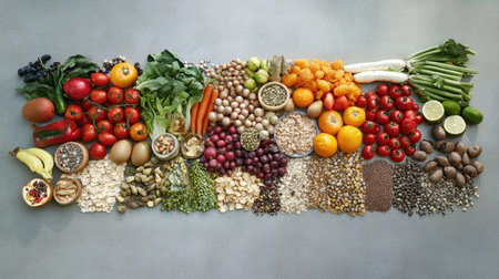 A vibrant display of assorted fruits, vegetables, nuts, and grains on a textured gray surface, showcasing the abundance of nature's bounty for healthy eating.の素材