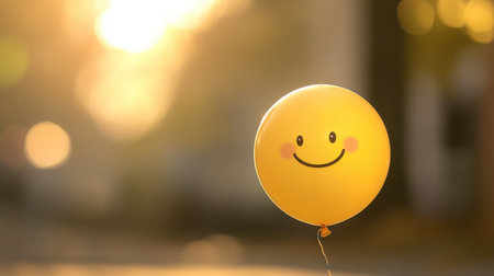 This image features a cheerful yellow balloon with a smiley face, beautifully captured in a sunlit background, radiating joy and positivity.の素材