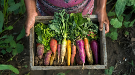 A wooden crate filled with a vibrant assortment of freshly harvested root vegetables showcases natureの素材