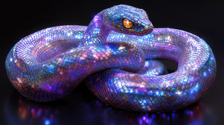 This stunning image features a close-up of a snake with colorful and iridescent scales, showcasing intricate details and a mesmerizing display against a dark background.の素材