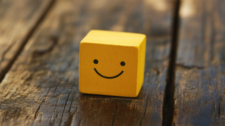A charming yellow smiley face cube rests on a rustic wooden table, illuminated by soft natural light, evoking feelings of joy and playfulness.の素材
