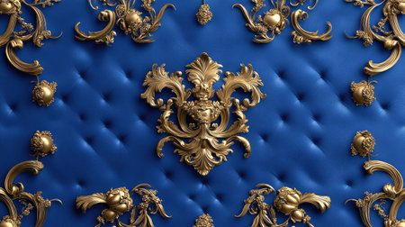 This stunning background features rich blue leather adorned with intricate golden decorative elements, perfect for projects conveying luxury and elegance.の素材