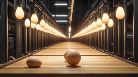 A modern egg production facility features fresh eggs arranged on a wooden conveyor with bright industrial lighting, highlighting quality and efficiency in agriculture.の素材
