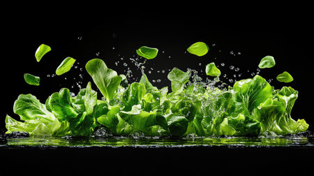 This captivating image features fresh green lettuce splashing in water, creating dynamic motion with droplets and vibrant leaves. Ideal for culinary and health-themed projects.の素材