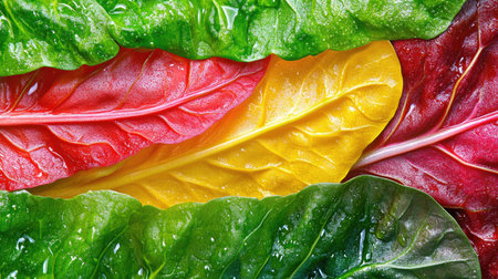 Colorful Swiss chard leaves display vibrant shades of green, red, and yellow, glistening with refreshing water droplets, perfect for culinary use.の素材