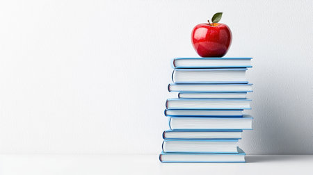 A vibrant red apple sits atop a neat stack of blue-covered books, symbolizing knowledge and education against a minimalist background. This composition emphasizes learning and creativity.の素材