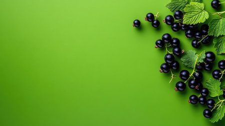 This image showcases fresh black currants adorned with green leaves, set against a bright green background, perfect for health, culinary, and lifestyle themes.の素材