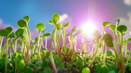 Fresh green sprouts reaching towards a vibrant sky, illuminated by soft sunlight, create a serene garden scene showcasing the beauty of nature's growth.の素材