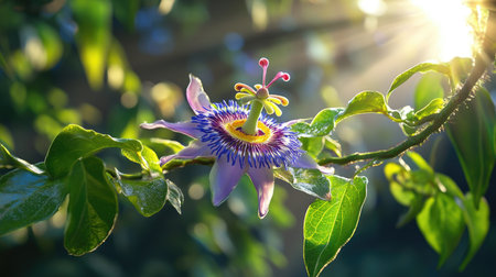 Captivating close-up shot of a passion flower showcasing intricate details and vibrant colors under soft sunlight, surrounded by fresh greenery.の素材
